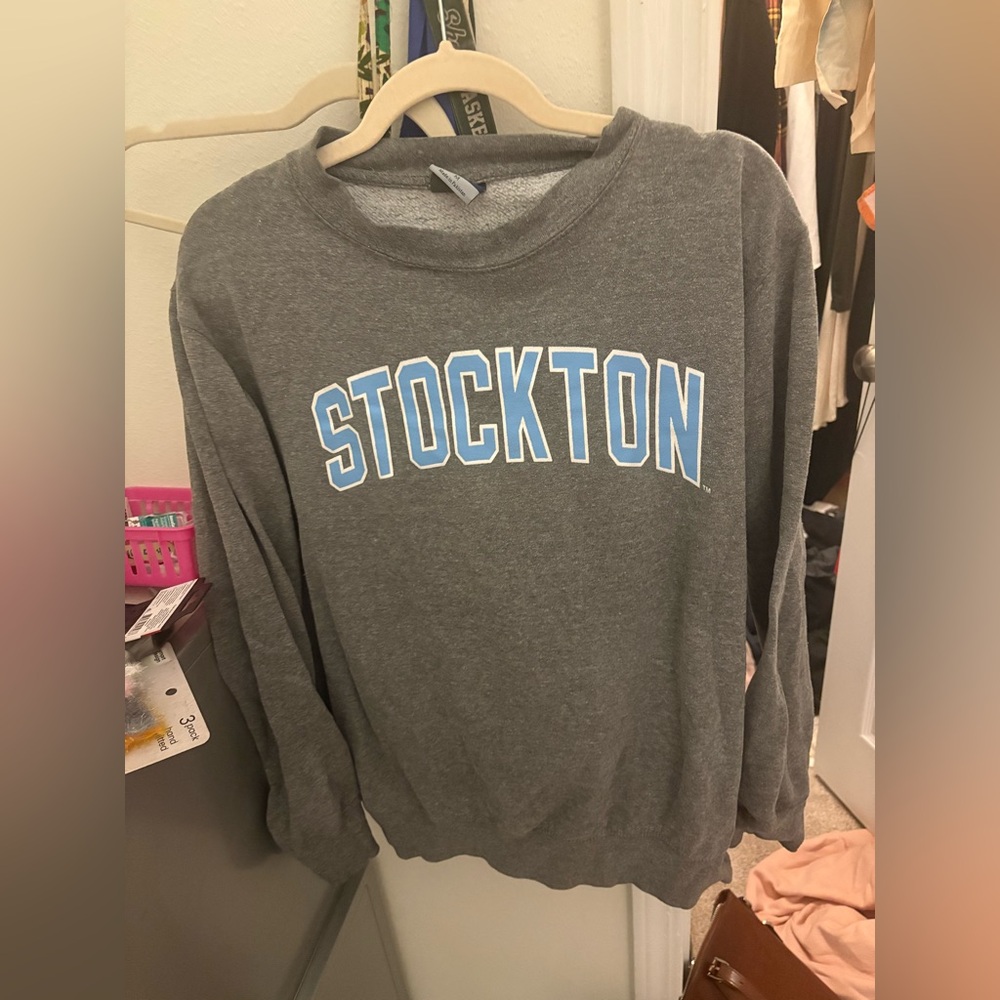 MV Sport Gray Crewneck with Blue Stockton Lettering